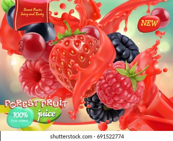 Forest fruit. Mixed berry. 3d realistic vector, package design