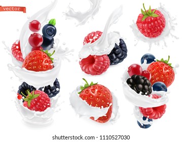 Forest Fruit Yogurt. Mixed Berry And Milk Splashes. 3d Realistic Vector