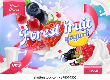 Forest fruit yogurt. Mixed berry and milk splashes. 3d realistic vector package design