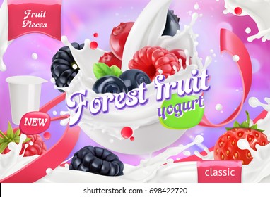 Forest fruit yogurt. Mixed berry and milk splashes. 3d realistic vector, package design