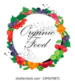 Forest fruits and berries round pattern vector illustration. Juicy and fresh raspberry, strawberry, blackberry, blueberry, cherry, gooseberry. Refreshing blend for shop or store.