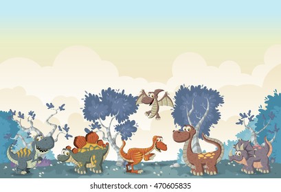 Forest with funny cartoon dinosaurs.