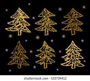 Forest fur-trees. Texture of confetti sparkles gold glitter. On a dark background. Vector design.