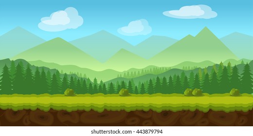 forest game background 2d  application. Vector design. Tileable horizontally. Size 1024x512. Ready for parallax effect