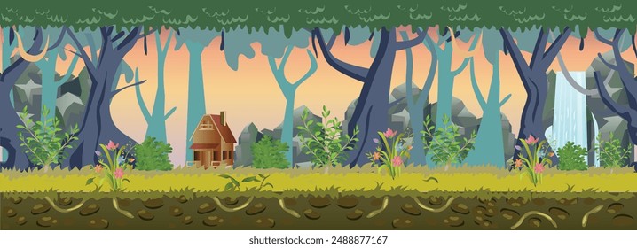 Forest Game Background, game map, game world and vector Illustration