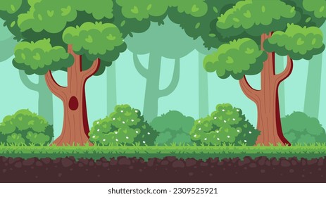 Forest game background. Pixel trees and bushes in the clearing. Arcade and video game for mobile programs and applications in retro style. Template, layout and mockup. Cartoon flat vector illustration