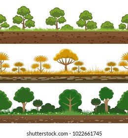 Forest game backgrounds. Trees, grass and ground nature panorama set, cartoon forest horizontal seamless patterns vector illustration