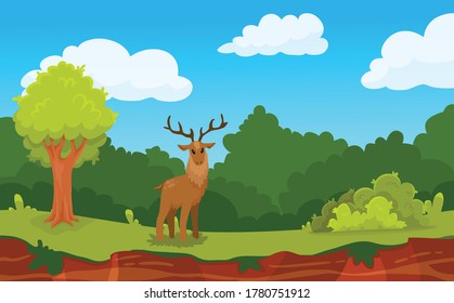 Forest game landscape background with deer and wood flat vector illustration