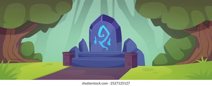 Paisagem de jogo de floresta com pedra tribal asteca totem. Altar de pedra antiga de desenhos animados, placa com sinal de hieróglifo brilhante. Pedestal artificial, laje de adoração ilustração vetor