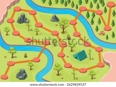 Forest Game Map with stage routes and Green Land with Tents, Rivers, Rocks and Trees