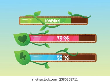 Forest Game Progress Bars, Cartoon Vector Process Ui Or Gui Interface Design Elements. Power, Life, Health, Spell Status