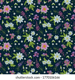 Forest garden Floral pattern in the many kind of flowers. Anemones, fireweeds, lungwort. Seamless vector texture for fashion prints. Printing with in hand drawn style on dark blue background