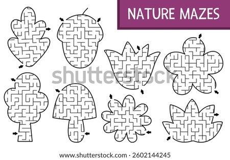 Forest or garden geometrical maze set for kids. Preschool printable activity shaped as flower, tree, acorn, mushroom, leaf. Woodland fairy labyrinth game or puzzle collection for children
