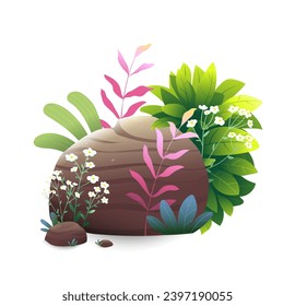 Forest or garden stone with plants and flowers isolated object. Grass leaves and flowers with a stone, decoration clipart. Hand drawn nature vector illustration in watercolor style for kids.