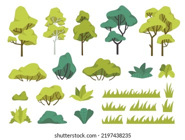 Forest and garden trees, bushes and grass. Cartoon flat summer and spring plants. Woodland or park landscape elements set