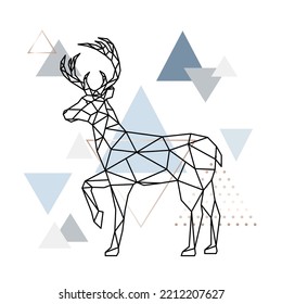 Forest geometric Deer with raised hoof. Side view. Wild deer on Scandinavian background.
