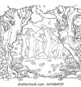 Forest glade with amanita and daisies linear art isolated on white background