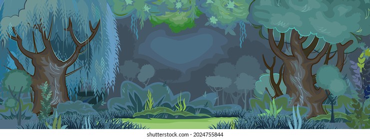 Forest glade in the evening. Dark trees at night. Playground. Edge with grass and hills. Meadow and bushes. Beautiful and graceful trees, grass. Flat style. Cartoon design. Vector