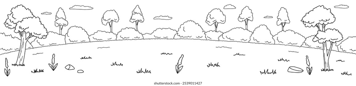Forest glade graphic black white landscape sketch long illustration vector 