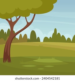 Forest glade. Green outdoor landscape in woods. Vector illustration in cartoon style