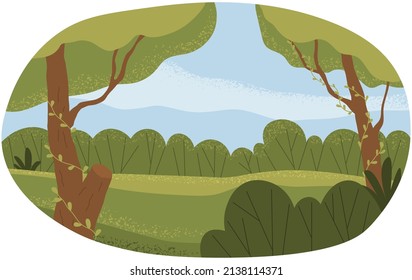 Forest glade with greenery. Landscape of nature, plants, flora of natural area. Clearing with bushes and trees. Forest view, outdoor recreation place. Meadow with beautiful scenery, wildlife
