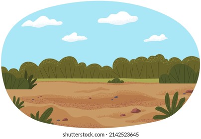 Forest glade with greenery. Landscape of nature, plants, flora of natural area. Clearing with bushes and trees. Forest view, outdoor recreation place. Meadow with beautiful scenery, wildlife