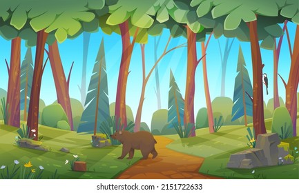 Forest glade with greenery and wild animal. Landscape of nature, plants, flora and fauna of natural area. learing with brown bear. Forest view, outdoor recreation place. Scenery with meadow, wildlife