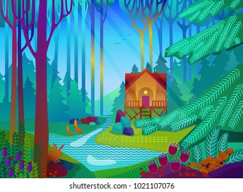 Forest glade with house in the morning