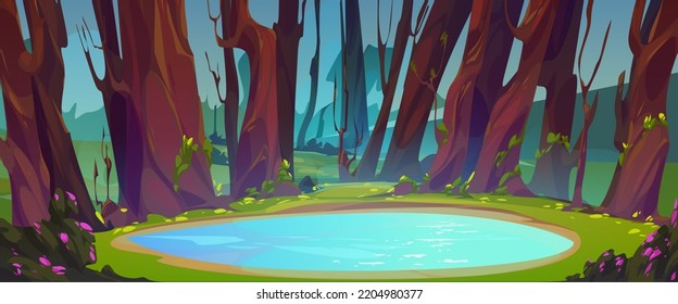 Forest glade with lake, trees trunks, green grass and bushes with flowers. Nature scene, deep summer woods or park landscape with pond, vector cartoon illustration