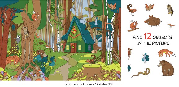 Forest glade near the forester's house. Find hidden animals. Puzzle. Vector illustration 