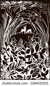 forest glade and a pair of deer summer linear illustration background, Black background, white line