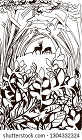 forest glade and a pair of deer summer linear illustration background, White background, relationships, psychology
