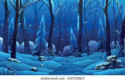 Forest glade with plants and trees at night. Landscape of nature, natural area. Night clearing with snow covered trees. Winter forest view, outdoor recreation place. Scenery with meadow, wildlife