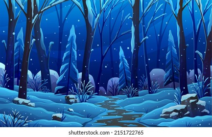 Forest glade with plants and trees at night. Landscape of nature, natural area. Night clearing with snow covered trees. Winter forest view, outdoor recreation place. Scenery with meadow, wildlife