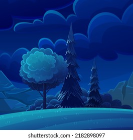 Forest glade with plants and trees at night. Dark wild wood background, mysterious place scenery. Night clearing with trees vector illustration. Forest view, outdoor recreation place in darkness