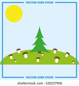 forest glade, spruce, mushrooms and sun icon vector illustration eps10. Isolated badge for website or app - stock infographics