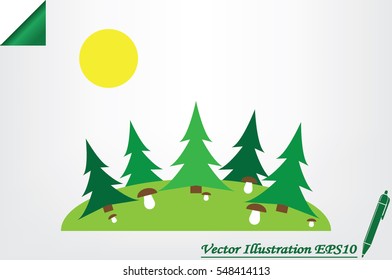 forest glade, spruce, mushrooms and sun icon vector illustration eps10. Isolated badge for website or app - stock infographics