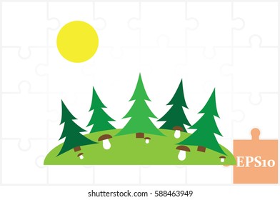 forest glade, spruce, mushrooms and sun icon vector illustration eps10. Isolated badge for website or app - stock infographics