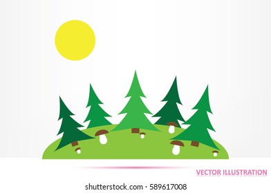 forest glade, spruce, mushrooms and sun icon vector illustration eps10. Isolated badge for website or app - stock infographics