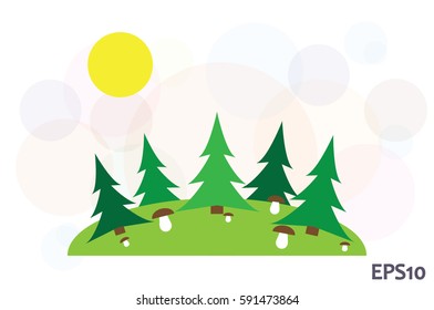 forest glade, spruce, mushrooms and sun icon vector illustration eps10. Isolated badge for website or app - stock infographics