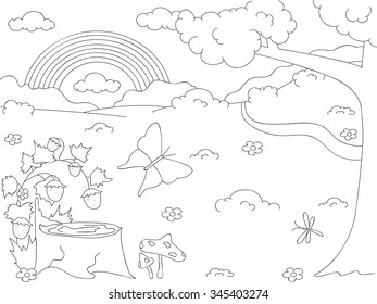 Forest glade with a stub, strawberries, butterfly, trees, rainbow and flowers. Coloring book. Vector illustration