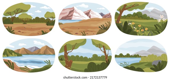 Forest glades with greenery, banks of lakes and rivers. Landscape of nature, plants, flora of natural area. View of outdoor recreation place. Beautiful scenery, wildlife icons set vector illustration