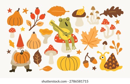 Forest gnome, frog, leaves, pumpkins, mushrooms, snail illustration set. Mushroom autumn collection, harvest season, Thanksgiving decoration collection. Isolated elements. Flat style, warm colors.