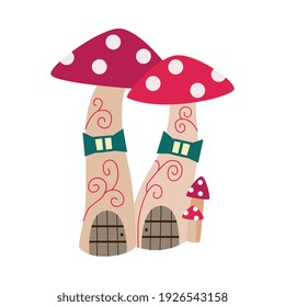 Forest gnome house in shape of mushrooms, flat cartoon vector illustration isolated on white background. Sticker or print design with gnome or dwarf house.