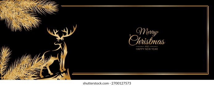 floresta com agulhas douradas de ramos de pinho e um veado dourado na neve em um fundo preto com moldura dourada.Close-up, longo