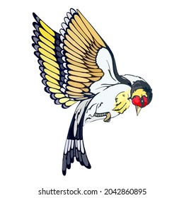 Finca de oro forestal con plumaje de colores en vuelo. Depósito de oro americano para tarjeta de diseño o invitación. Pájaro cantante de parque con un estilo acuático. Elemento de decoración natural. Ilustración aislada de vectores en blanco