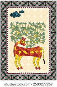 Forest Grace: Ein ruhiger Gond Kunstwerk eines Hirsches. Wildhirschmalerei, Indische Volkskunst Hirsch, Tribal Hirsch Kunstwerk, Gond Waldkunst