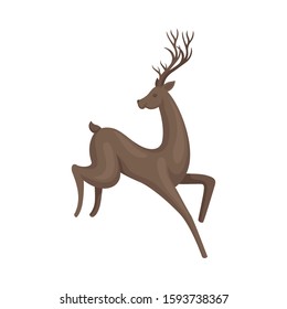 Forest Graceful Deer with Antlers in Jumping Pose Vector Illustration. Wildlife of Forest Mammals Concept
