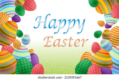 forest gradient background with white egg pattern decorated with colorful egg sprinkles and happy easter inscription, perfect for greeting cards, banners, frames, etc.