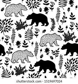 Forest graphic pattern. Forest plants, leaves, bears. Suitable for decorating various surfaces Vector illustration. Manual graphics.